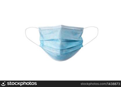 Medical face mask isolated on white background with clipping path around the face mask and the ear rope. Concept of COVID-19 or Coronavirus Disease 2019 prevention by wearing face mask.