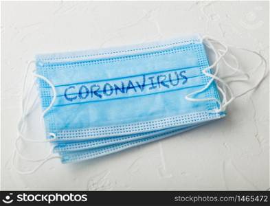 Medical face mask with coronavirus written on it on white. Best protection from coronavirus, germs,bacteria and viruses. For hospital and every day use.