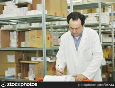 medical factory supplies storage indoor with workers people