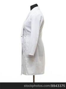 Medical gown hanging on a mannequin, side view, isolated on white background