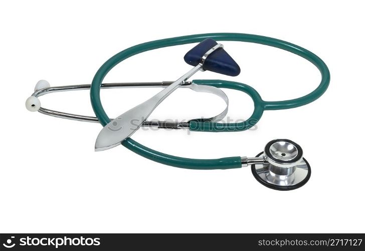 Medical hammer and a stethoscope used to listen to heart beats - path included