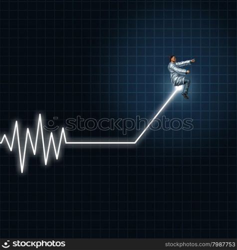 Medical health concept as a physician or researcher guiding and managing an ecg or ekg monitor light out of flat line danger.