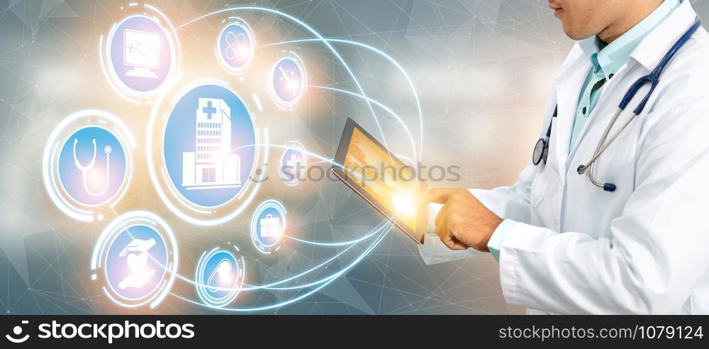 Medical Healthcare Concept - Doctor in hospital with digital medical icons graphic banner showing symbol of medicine, medical care people, emergency service network, doctor data of patient health.