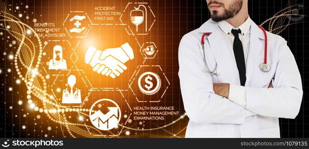 Medical Healthcare Concept - Doctor in hospital with digital medical icons graphic banner showing symbol of medicine, medical care people, emergency service network, doctor data of patient health.