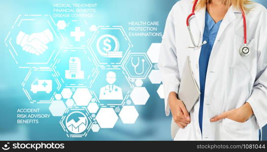 Medical Healthcare Concept - Doctor in hospital with digital medical icons graphic banner showing symbol of medicine, medical care people, emergency service network, doctor data of patient health.