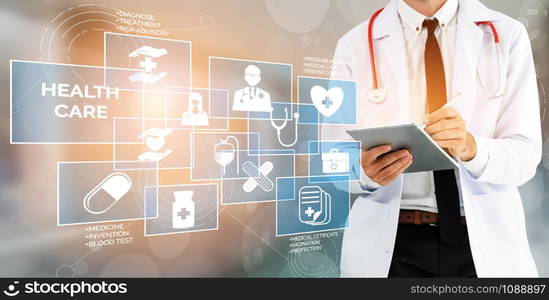 Medical Healthcare Concept - Doctor in hospital with digital medical icons graphic banner showing symbol of medicine, medical care people, emergency service network, doctor data of patient health.