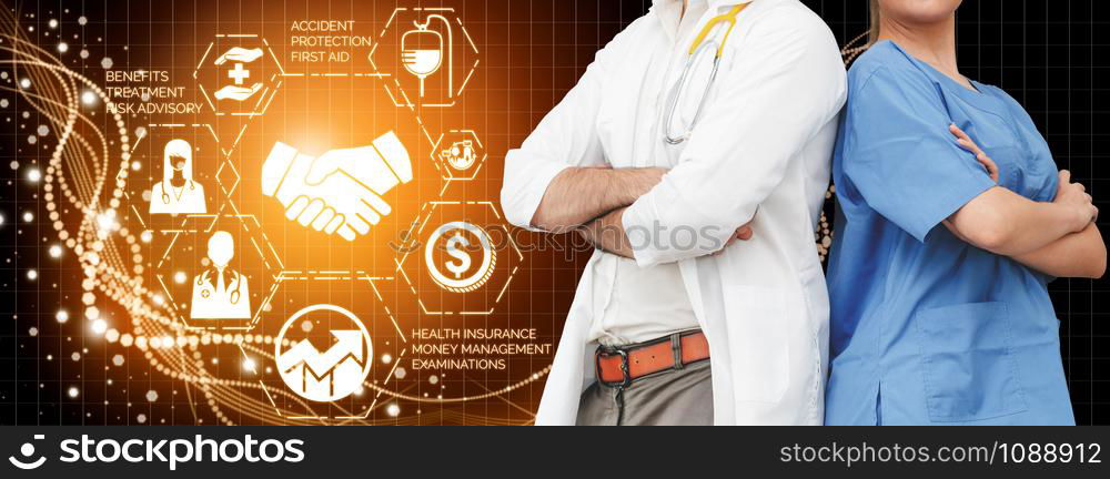 Medical Healthcare Concept - Doctor in hospital with digital medical icons graphic banner showing symbol of medicine, medical care people, emergency service network, doctor data of patient health.