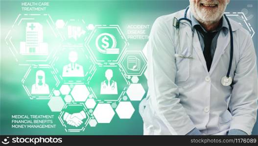 Medical Healthcare Concept - Doctor in hospital with digital medical icons graphic banner showing symbol of medicine, medical care people, emergency service network, doctor data of patient health.