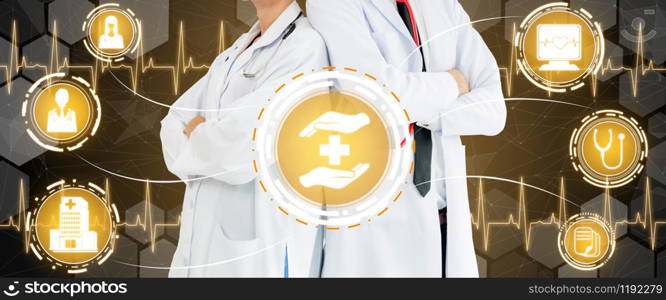 Medical Healthcare Concept - Doctor in hospital with digital medical icons graphic banner showing symbol of medicine, medical care people, emergency service network, doctor data of patient health.