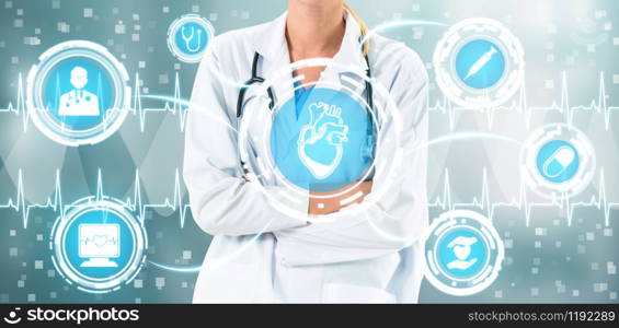 Medical Healthcare Concept - Doctor in hospital with digital medical icons graphic banner showing symbol of medicine, medical care people, emergency service network, doctor data of patient health.