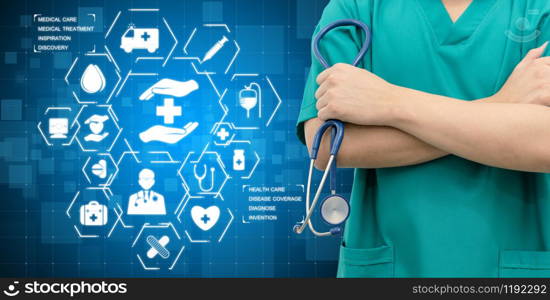 Medical Healthcare Concept - Doctor in hospital with digital medical icons graphic banner showing symbol of medicine, medical care people, emergency service network, doctor data of patient health.