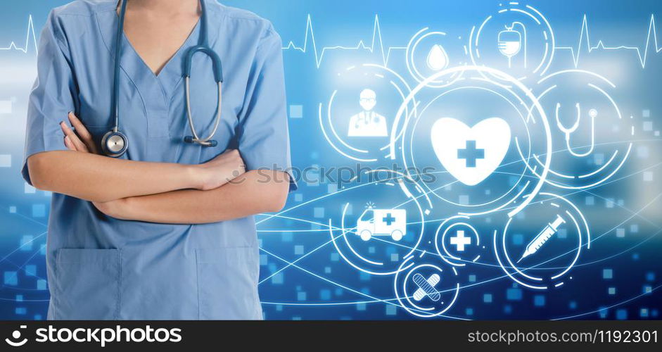 Medical Healthcare Concept - Doctor in hospital with digital medical icons graphic banner showing symbol of medicine, medical care people, emergency service network, doctor data of patient health.