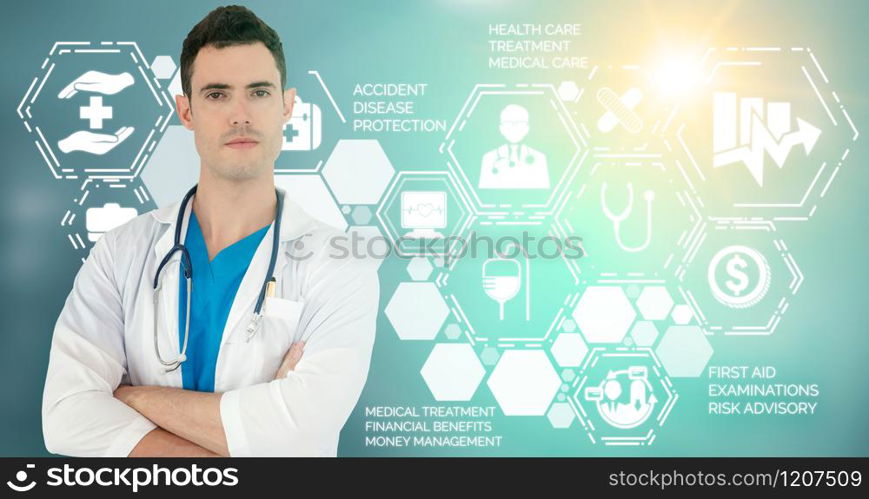 Medical Healthcare Concept - Doctor in hospital with digital medical icons graphic banner showing symbol of medicine, medical care people, emergency service network, doctor data of patient health.