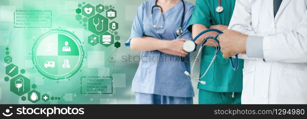 Medical Healthcare Concept - Doctor in hospital with digital medical icons graphic banner showing symbol of medicine, medical care people, emergency service network, doctor data of patient health.