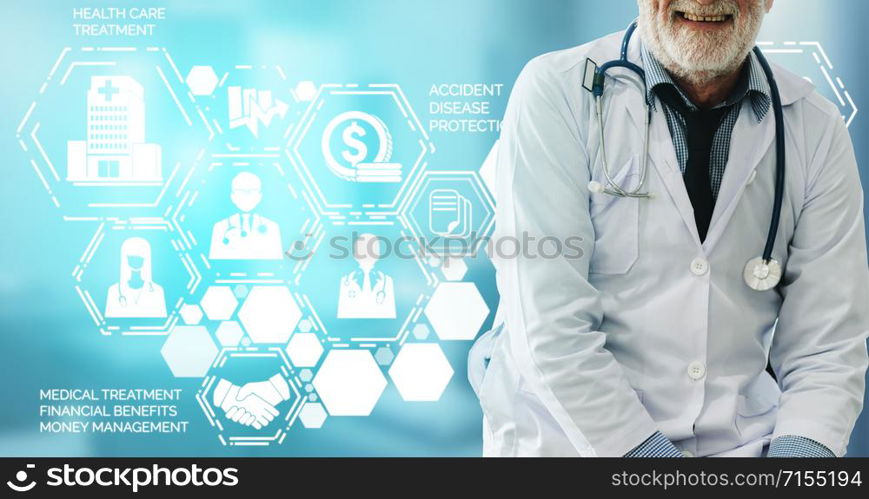 Medical Healthcare Concept - Doctor in hospital with digital medical icons graphic banner showing symbol of medicine, medical care people, emergency service network, doctor data of patient health.