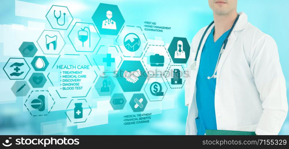 Medical Healthcare Concept - Doctor in hospital with digital medical icons graphic banner showing symbol of medicine, medical care people, emergency service network, doctor data of patient health.