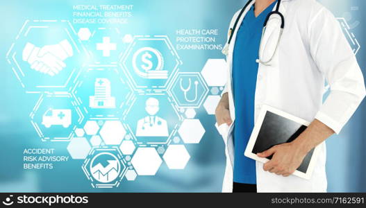 Medical Healthcare Concept - Doctor in hospital with digital medical icons graphic banner showing symbol of medicine, medical care people, emergency service network, doctor data of patient health.