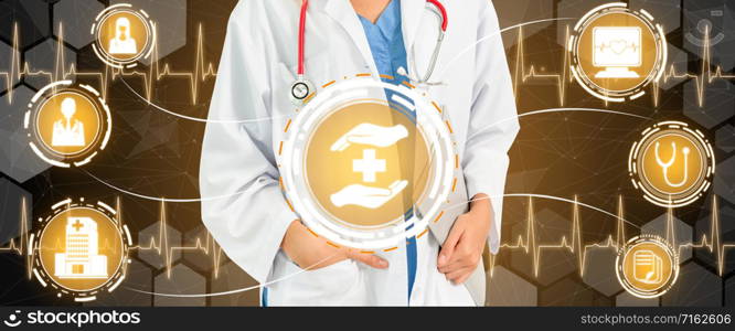 Medical Healthcare Concept - Doctor in hospital with digital medical icons graphic banner showing symbol of medicine, medical care people, emergency service network, doctor data of patient health.