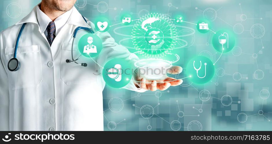 Medical Healthcare Concept - Doctor in hospital with digital medical icons graphic banner showing symbol of medicine, medical care people, emergency service network, doctor data of patient health.