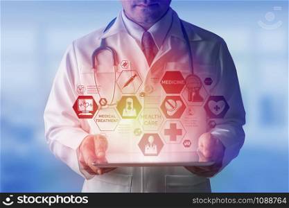 Medical Healthcare Concept - Doctor in hospital with medical icons modern interface showing symbol of medicine, innovation, medical treatment, emergency service, doctoral data and patient health.