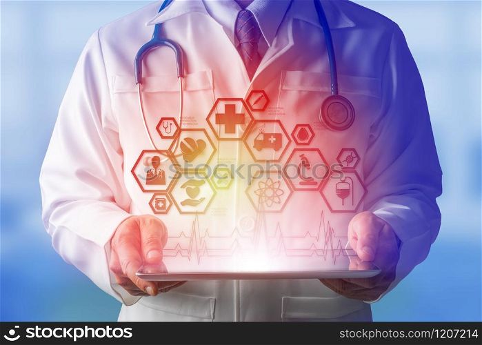 Medical Healthcare Concept - Doctor in hospital with medical icons modern interface showing symbol of medicine, innovation, medical treatment, emergency service, doctoral data and patient health.
