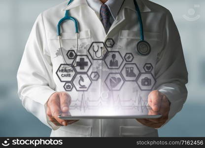 Medical Healthcare Concept - Doctor in hospital with medical icons modern interface showing symbol of medicine, innovation, medical treatment, emergency service, doctoral data and patient health.