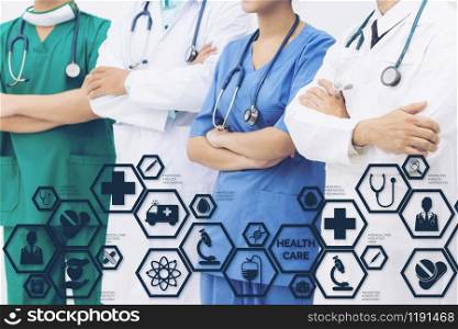 Medical Healthcare Concept - Doctors in hospital with medical icons modern interface showing symbol of medicine, innovation, medical treatment, emergency service, doctoral data and patient health.