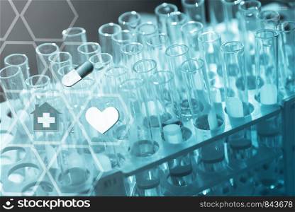 Medical Healthcare Concept. Lab science research glass items with digital medical icons graphic banner showing symbol of medicine network.