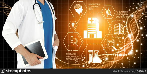 Medical Healthcare Research and Development Concept. Doctor in hospital lab with science health research icon show symbol of medical care technology innovation, medicine discovery and healthcare data.