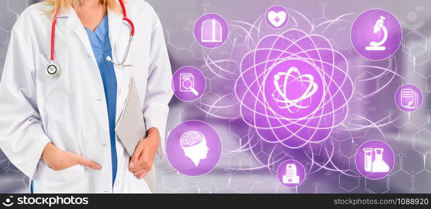 Medical Healthcare Research and Development Concept. Doctor in hospital lab with science health research icon show symbol of medical care technology innovation, medicine discovery and healthcare data.