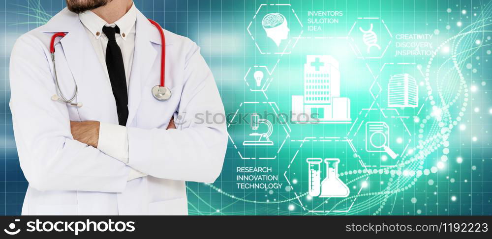 Medical Healthcare Research and Development Concept. Doctor in hospital lab with science health research icon show symbol of medical care technology innovation, medicine discovery and healthcare data.