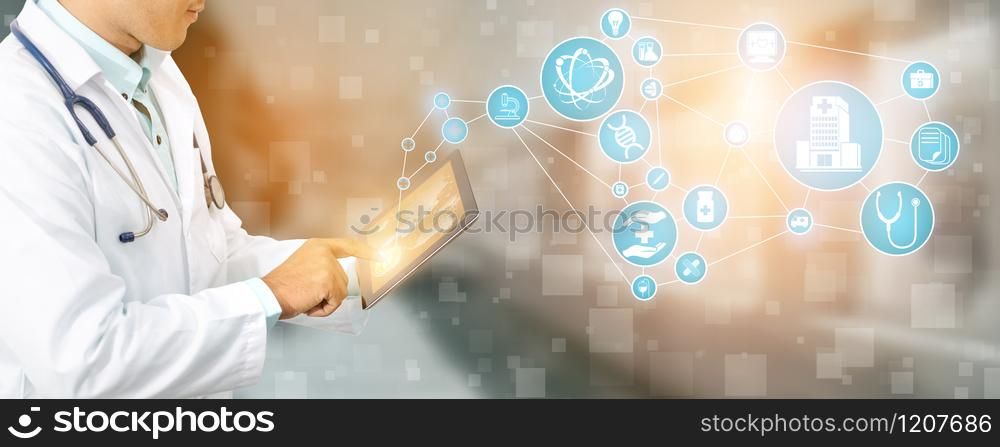 Medical Healthcare Research and Development Concept. Doctor in hospital lab with science health research icon show symbol of medical care technology innovation, medicine discovery and healthcare data.