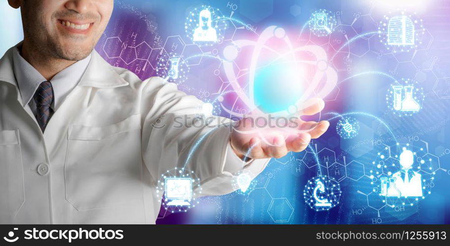 Medical Healthcare Research and Development Concept. Doctor in hospital lab with science health research icon show symbol of medical care technology innovation, medicine discovery and healthcare data.