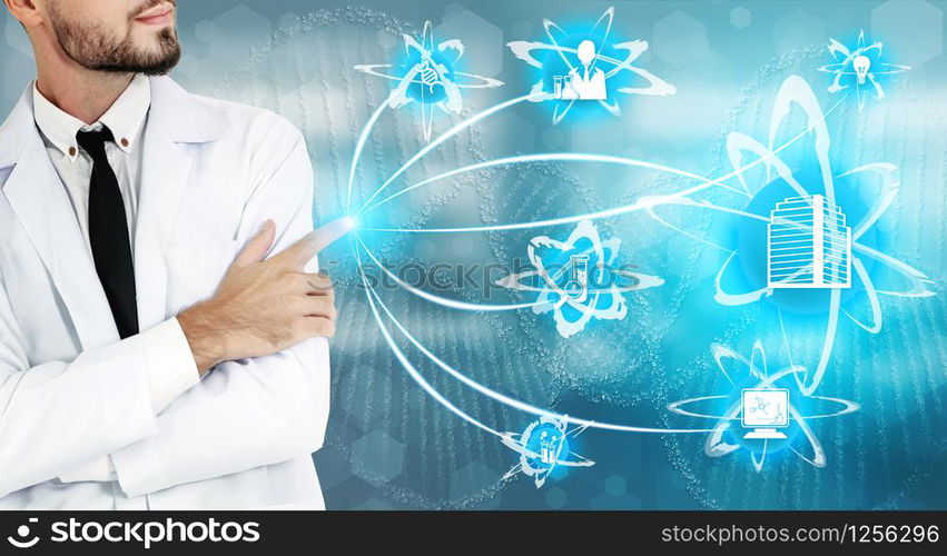 Medical Healthcare Research and Development Concept. Doctor in hospital lab with science health research icon show symbol of medical care technology innovation, medicine discovery and healthcare data.