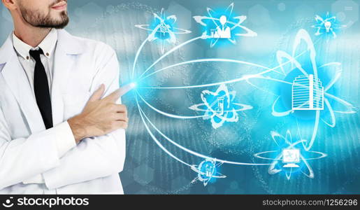 Medical Healthcare Research and Development Concept. Doctor in hospital lab with science health research icon show symbol of medical care technology innovation, medicine discovery and healthcare data.