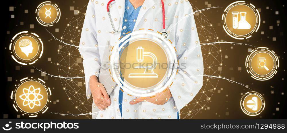 Medical Healthcare Research and Development Concept. Doctor in hospital lab with science health research icon show symbol of medical care technology innovation, medicine discovery and healthcare data.