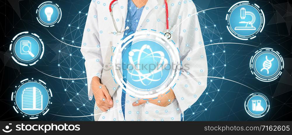 Medical Healthcare Research and Development Concept. Doctor in hospital lab with science health research icon show symbol of medical care technology innovation, medicine discovery and healthcare data.