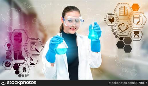 Medical Healthcare Research and Development - Scientist in hospital lab with science health research icon show symbol of medical care technology innovation, medicine discovery and healthcare data.