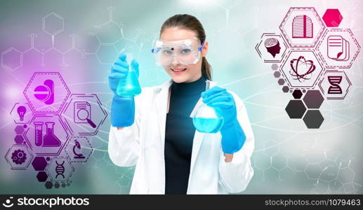 Medical Healthcare Research and Development - Scientist in hospital lab with science health research icon show symbol of medical care technology innovation, medicine discovery and healthcare data.