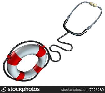 Medical help symbol and health care insurance iconas a stethoscope shaped as a lifesaver or life saver hospital and medicine treatment and therapy or vaccine concept as a 3D illustration.