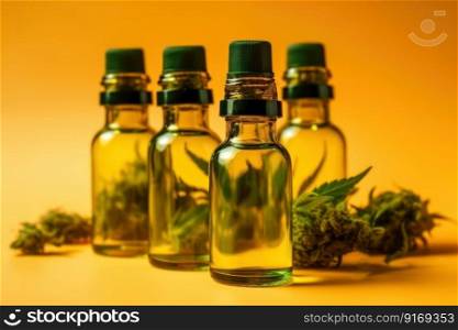 medical hemp oil bottles on yellow background Generative AI.