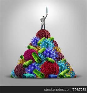 Medical hero health care concept as a doctor standing on a mountain of disease icons as virus bacteria and cancer cells holding up a sword in victory as a symbol for research in medicine and the real heros in the battle against illness.