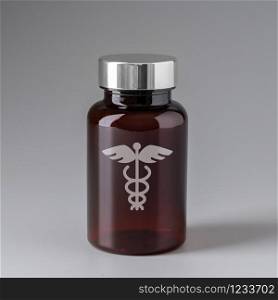 Medical icon on medicine bottle for global health care