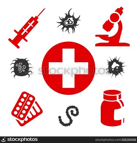 Medical icons with medical equipment. Medical icons with medical equipment, pills and virus attack. Vector illustration