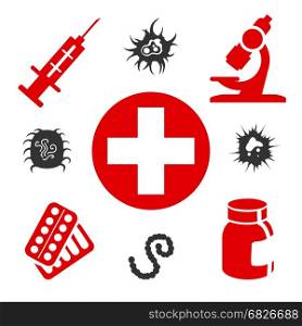 Medical icons with medical equipment. Medical icons with medical equipment, pills and virus attack. Vector illustration