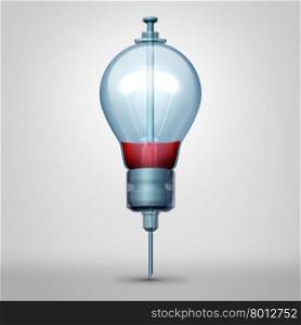 Medical idea concept as a syringe needle with red liquid inside shaped as a lightbulb or light bulb symbol as a creative medicine metaphor for therapy or blood donation or smart hospital care icon.