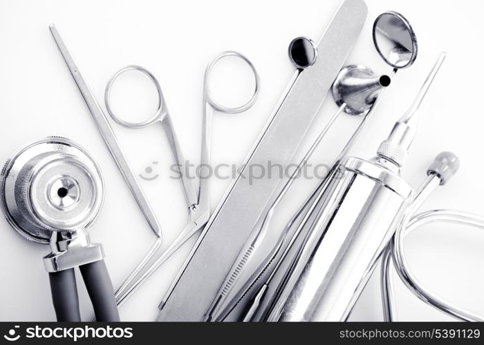 Medical instruments for ENT doctor on white