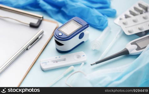 Medical kit for the prevention and treatment of coronavirus. Mask, test, pulse oximeter and medication on a blue background.