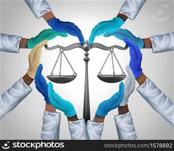 Medical laws and legal medicine or malpractice law as a group of hospital workers or doctor and nurse hands holding a justice scale as a health legislation symbol with 3D illustration elements.