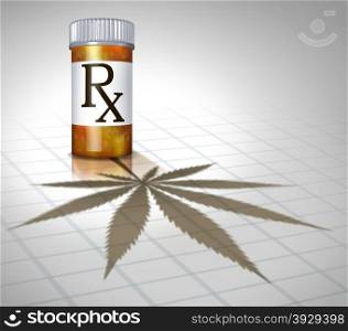 Medical marijuana health care concept with a prescription pharmacy medicine bottle casting a shadow in the shape of a cannabis leaf as a metaphor for alternative therapy as natural herbal drug use.